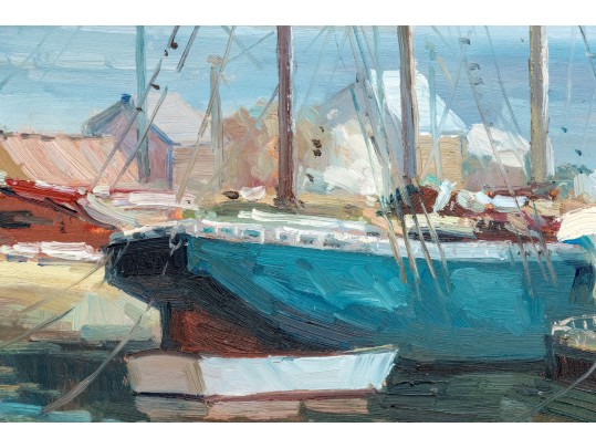 E. Veret Signed Oil On Canvas, Ship Docked In A Harbor
