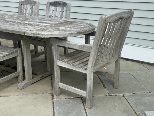 Smith And Hawken Teak Trestle Dining Table With Six Teak Dining Chairs