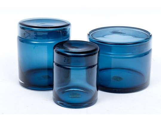 Suite Of Three Crate & Barrel Hand-Made Azure Glass Lidded Canisters