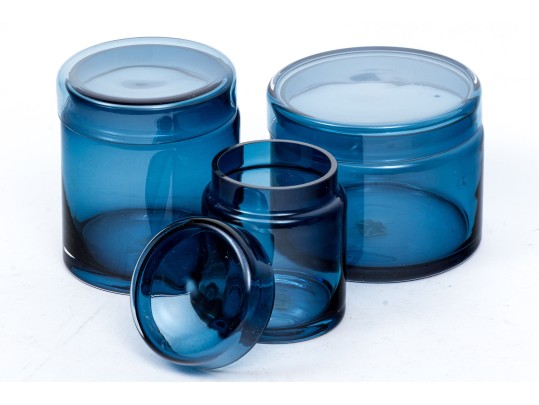 Suite Of Three Crate & Barrel Hand-Made Azure Glass Lidded Canisters