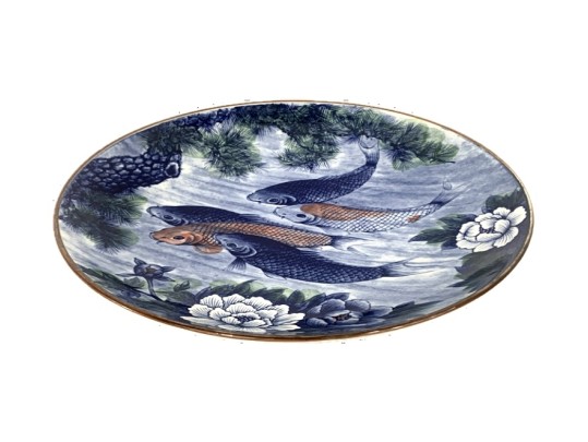 Large Japanese Sun Ceramics Toyo Koi Fish Ceramic Charger, 14 1/4