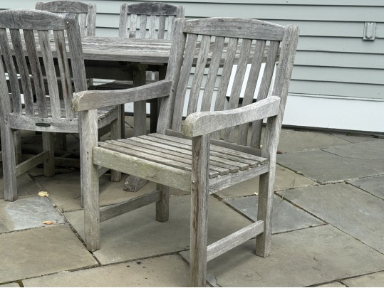 Smith And Hawken Teak Trestle Dining Table With Six Teak Dining Chairs