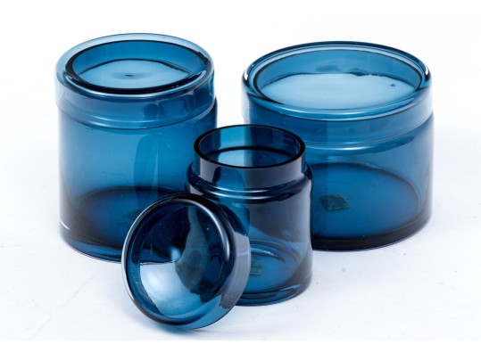 Suite Of Three Crate & Barrel Hand-Made Azure Glass Lidded Canisters