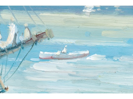 E. Veret Signed Oil On Canvas, Ship Docked In A Harbor