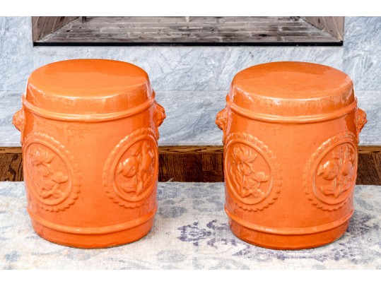 Vibrant Orange Pair Of Chinese Ceramic Garden Stools