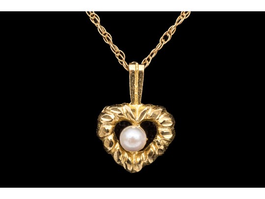 10k Yellow Gold Diminutive Cultured Pearl Set Heart Pendant, With Chain