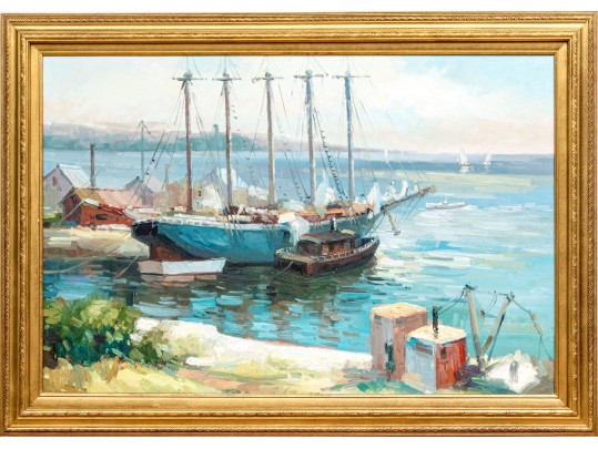 E. Veret Signed Oil On Canvas, Ship Docked In A Harbor