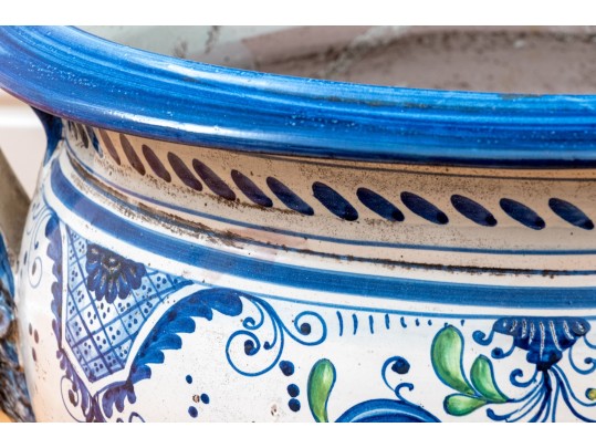 Italian Hand-Painted Ceramic Jardiniere With Brass Stand