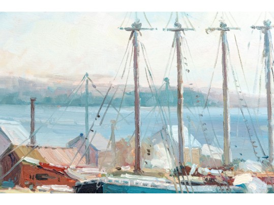 E. Veret Signed Oil On Canvas, Ship Docked In A Harbor