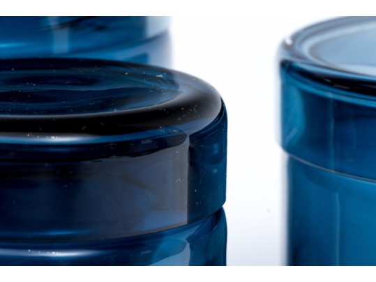 Suite Of Three Crate & Barrel Hand-Made Azure Glass Lidded Canisters
