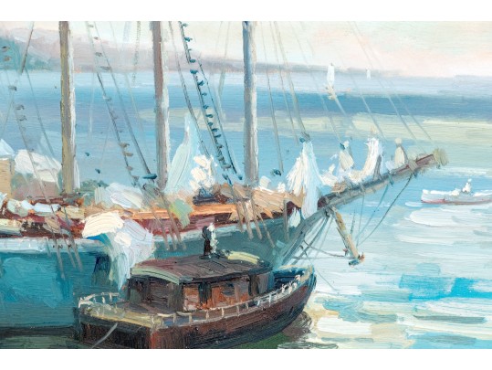 E. Veret Signed Oil On Canvas, Ship Docked In A Harbor