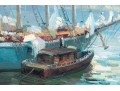 E. Veret Signed Oil On Canvas, Ship Docked In A Harbor
