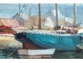 E. Veret Signed Oil On Canvas, Ship Docked In A Harbor
