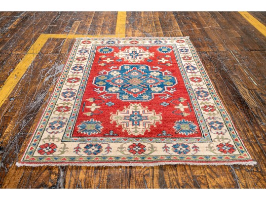 Hand-Knotted Wool Pakistan Kazak Accent Carpet 3'-4