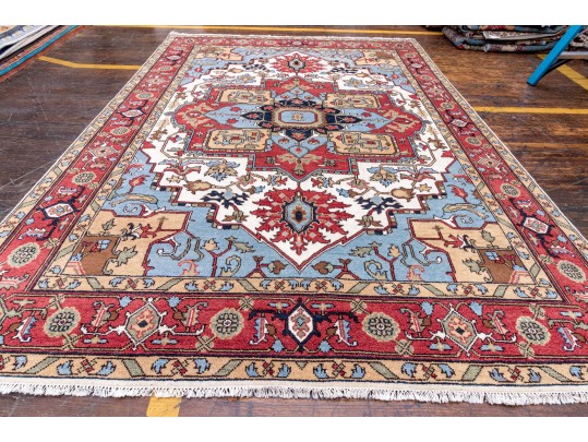 A Beautiful Indo-heriz Pattern Hand Knotted Wool Room Size Carpet, 8' X 10', New