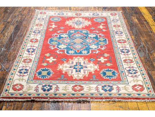 Hand-Knotted Wool Pakistan Kazak Accent Carpet 3'-4