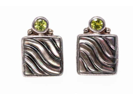 Sterling Silver Beautiful Carved Mother-of-pearl And Peridot Earrings