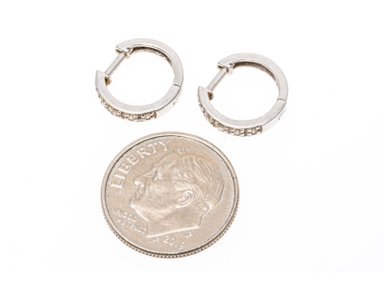 14k White Gold Round Diamond Set Hinged Hoop Earrings, App. 0.05 TCW