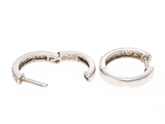 14k White Gold Round Diamond Set Hinged Hoop Earrings, App. 0.05 TCW