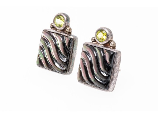 Sterling Silver Beautiful Carved Mother-of-pearl And Peridot Earrings