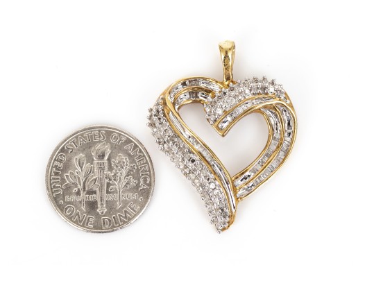 10k Yellow Gold Baguette And Round Diamond Set Open Heart Pendant, App. 0.24 TCW