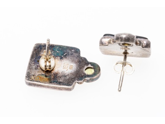 Sterling Silver Beautiful Carved Mother-of-pearl And Peridot Earrings