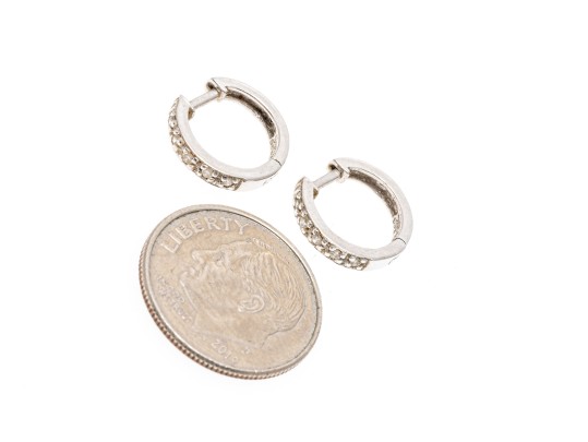 14k White Gold Round Diamond Set Hinged Hoop Earrings, App. 0.05 TCW