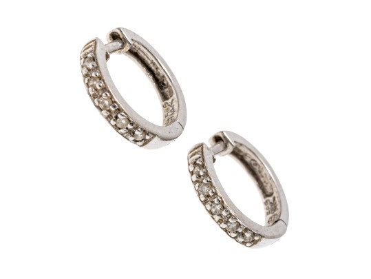 14k White Gold Round Diamond Set Hinged Hoop Earrings, App. 0.05 TCW
