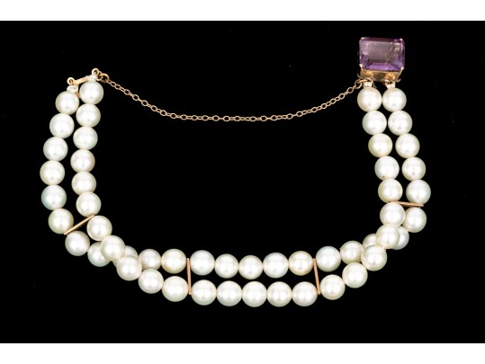Lovely Double Strand Cultured 5.75 Mm Pearl Bracelet With An Amethyst Clasp
