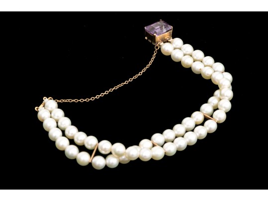 Lovely Double Strand Cultured 5.75 Mm Pearl Bracelet With An Amethyst Clasp