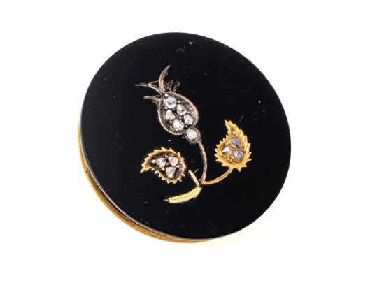 14k Yellow Gold Handsome Black Onyx Mourners Brooch, With Rose Cut Diamond Foliate Center