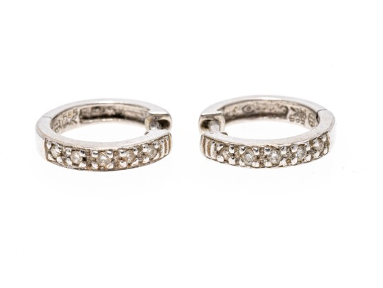 14k White Gold Round Diamond Set Hinged Hoop Earrings, App. 0.05 TCW