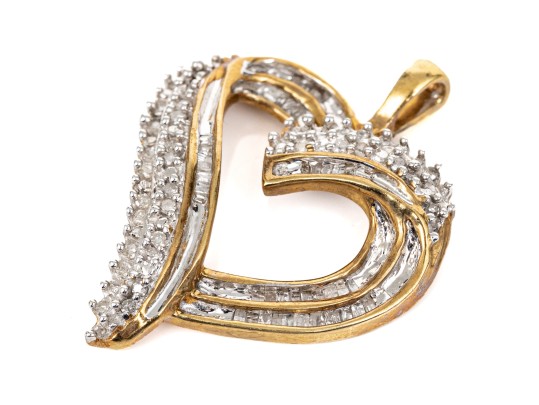 10k Yellow Gold Baguette And Round Diamond Set Open Heart Pendant, App. 0.24 TCW