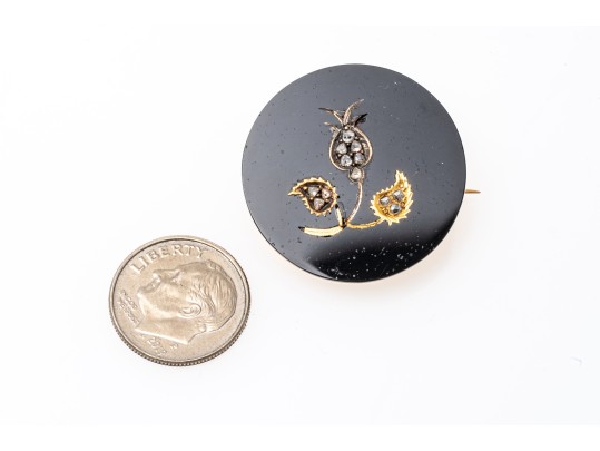14k Yellow Gold Handsome Black Onyx Mourners Brooch, With Rose Cut Diamond Foliate Center