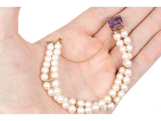 Lovely Double Strand Cultured 5.75 Mm Pearl Bracelet With An Amethyst Clasp