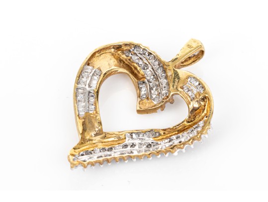 10k Yellow Gold Baguette And Round Diamond Set Open Heart Pendant, App. 0.24 TCW