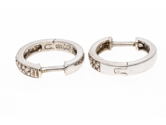14k White Gold Round Diamond Set Hinged Hoop Earrings, App. 0.05 TCW