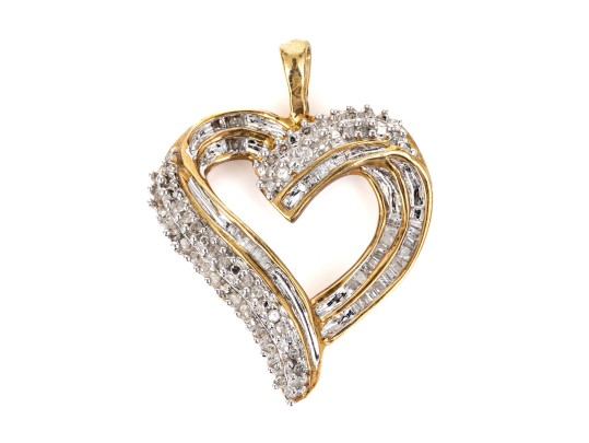 10k Yellow Gold Baguette And Round Diamond Set Open Heart Pendant, App. 0.24 TCW