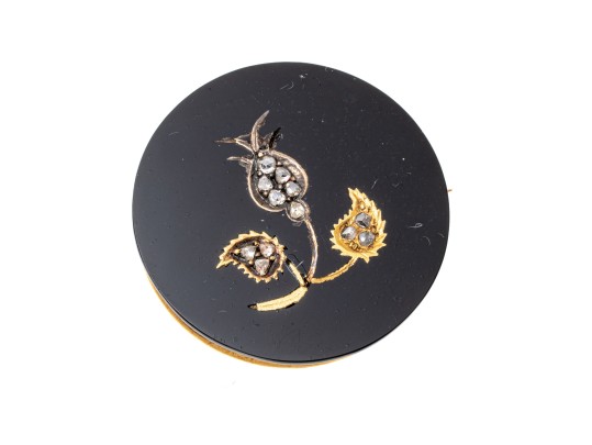 14k Yellow Gold Handsome Black Onyx Mourners Brooch, With Rose Cut Diamond Foliate Center