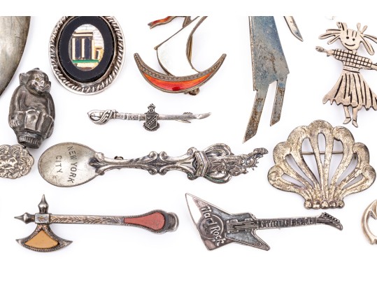 Collection Of Eclectic Sterling Coin, Silver Plate And Gold Filled Necklaces And Brooches