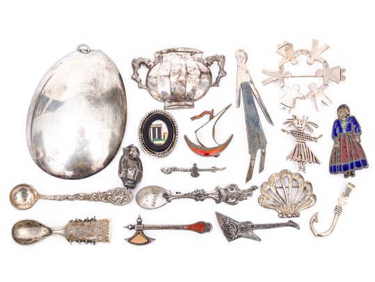 Collection Of Eclectic Sterling Coin, Silver Plate And Gold Filled Necklaces And Brooches