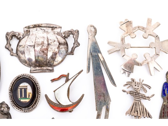 Collection Of Eclectic Sterling Coin, Silver Plate And Gold Filled Necklaces And Brooches