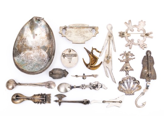 Collection Of Eclectic Sterling Coin, Silver Plate And Gold Filled Necklaces And Brooches