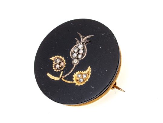 14k Yellow Gold Handsome Black Onyx Mourners Brooch, With Rose Cut Diamond Foliate Center