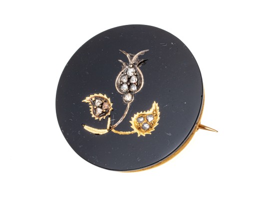14k Yellow Gold Handsome Black Onyx Mourners Brooch, With Rose Cut Diamond Foliate Center