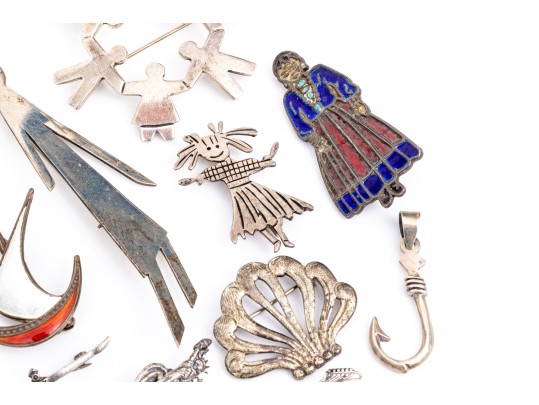 Collection Of Eclectic Sterling Coin, Silver Plate And Gold Filled Necklaces And Brooches