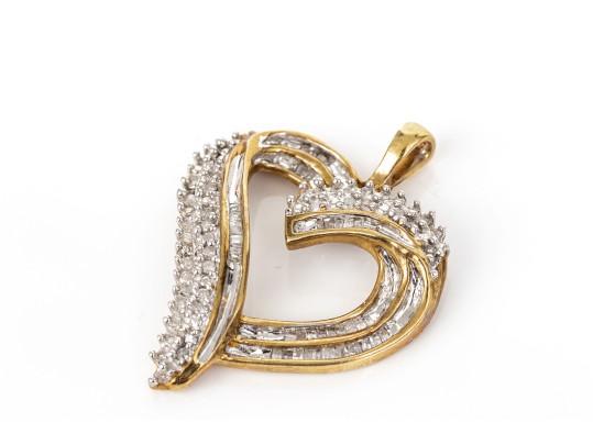 10k Yellow Gold Baguette And Round Diamond Set Open Heart Pendant, App. 0.24 TCW