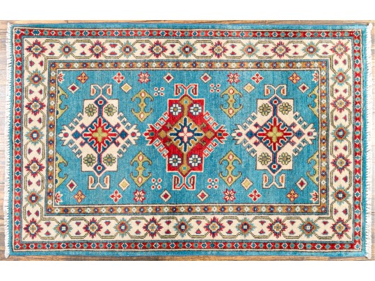 Hand-knotted Wool Kazak Carpet, 4' X 2'-7