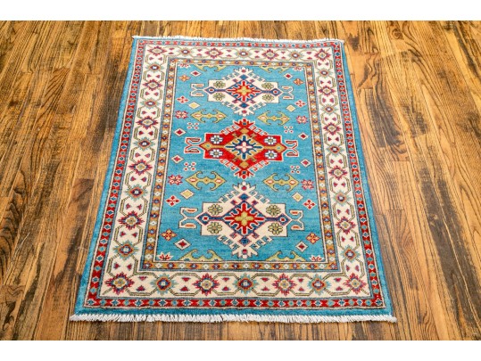 Hand-knotted Wool Kazak Carpet, 4' X 2'-7