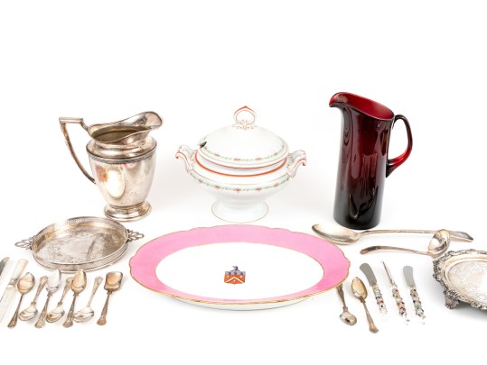 Assembled Collection Of Silver Plate, Ruby Glass And Ceramic Serving Wares
